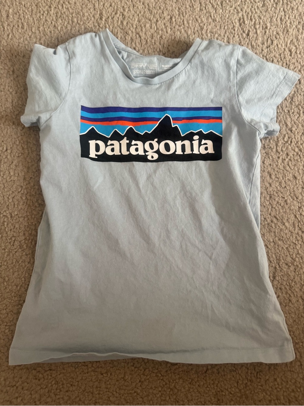 Patagonia Light Blue Tee with Multicolor Logo size M 10